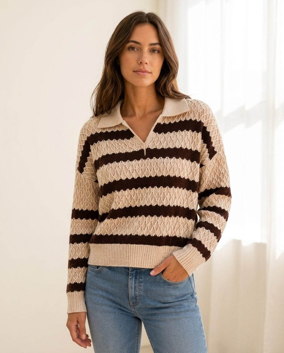 Striped Open Collar Sweater with Diamond Knit Texture in Cream