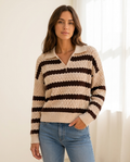 Striped Open Collar Sweater with Diamond Knit Texture in Cream