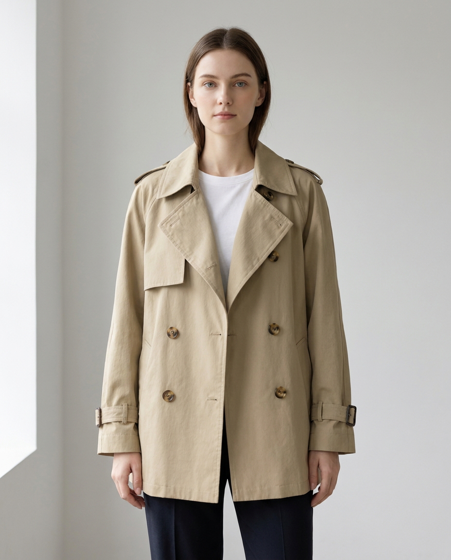 Double-Breasted Trench Coat with Wide Lapels and Buckled Cuffs in Khaki