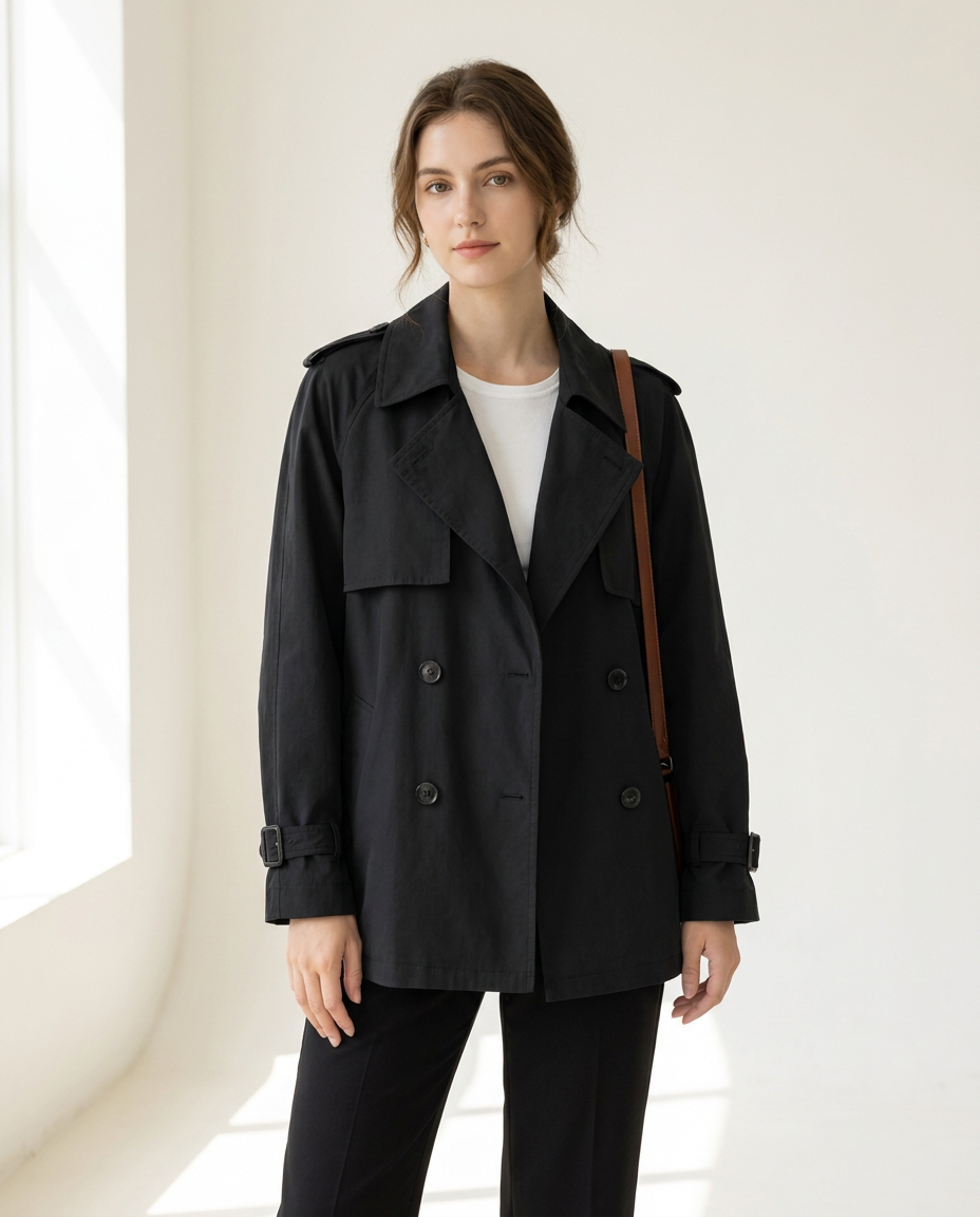 Double-Breasted Trench Coat with Wide Lapels and Buckled Cuffs in Black