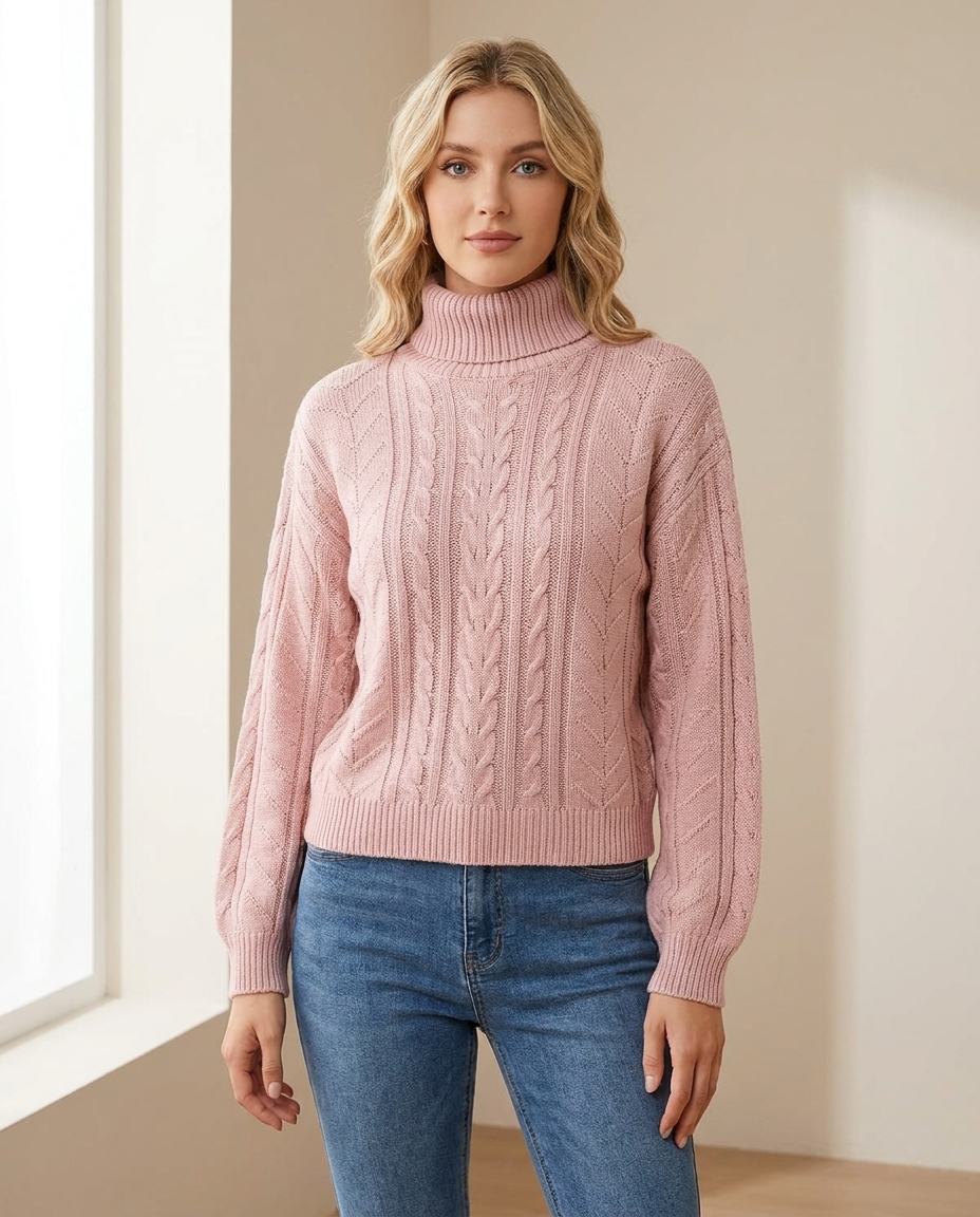 Chunky Cable Knit Turtleneck Sweater with Puff Sleeves in Pink