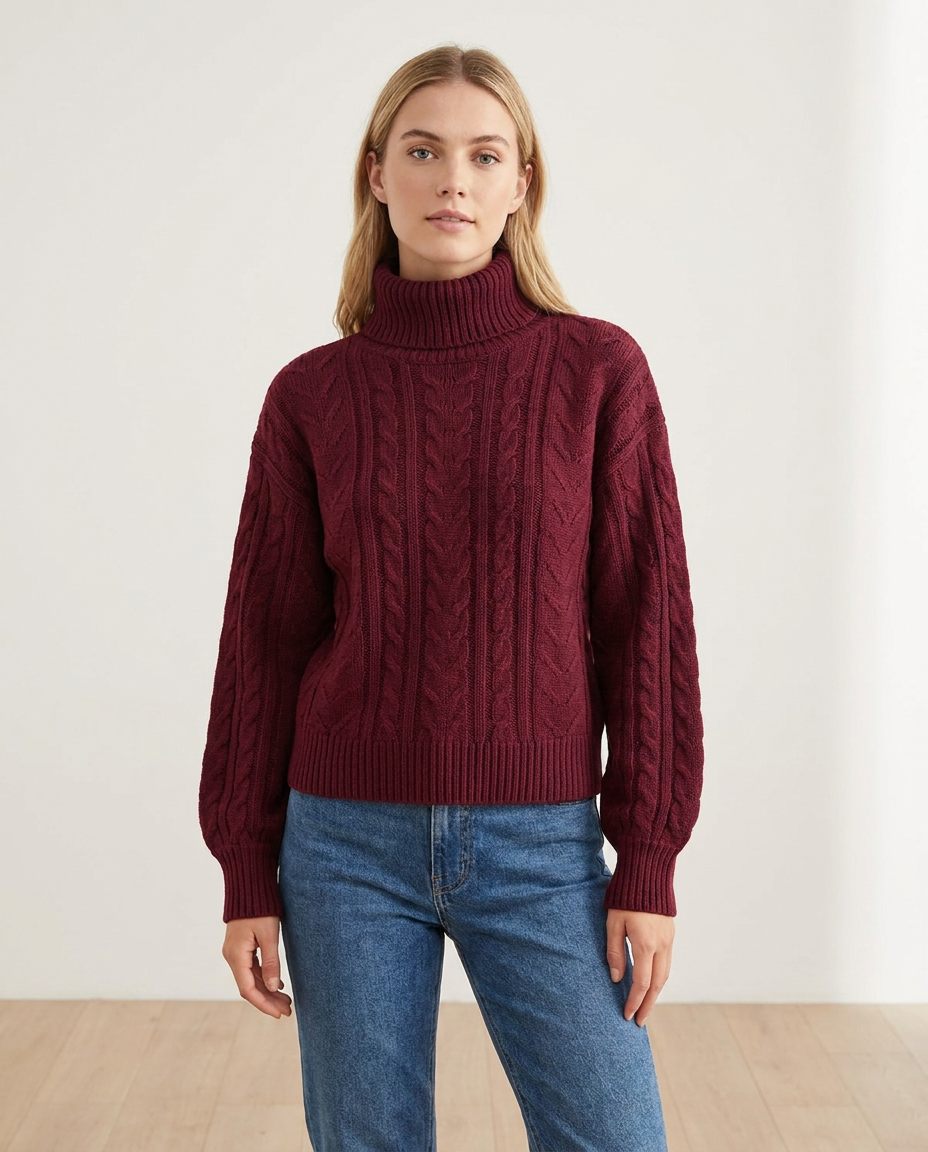 Chunky Cable Knit Turtleneck Sweater with Puff Sleeves in Burgundy