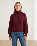 Chunky Cable Knit Turtleneck Sweater with Puff Sleeves in Burgundy