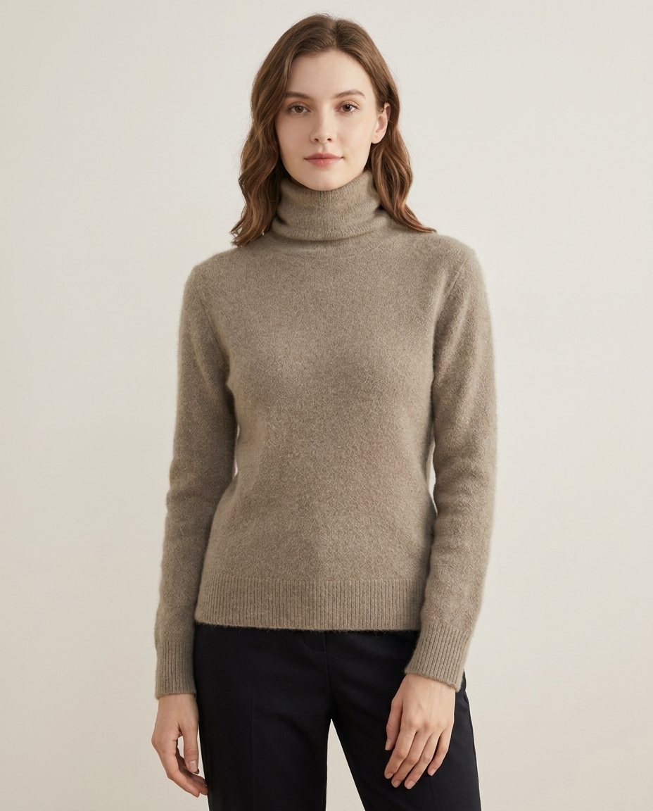 Soft Fluffy Turtleneck Sweater with Ribbed Cuffs in Khaki
