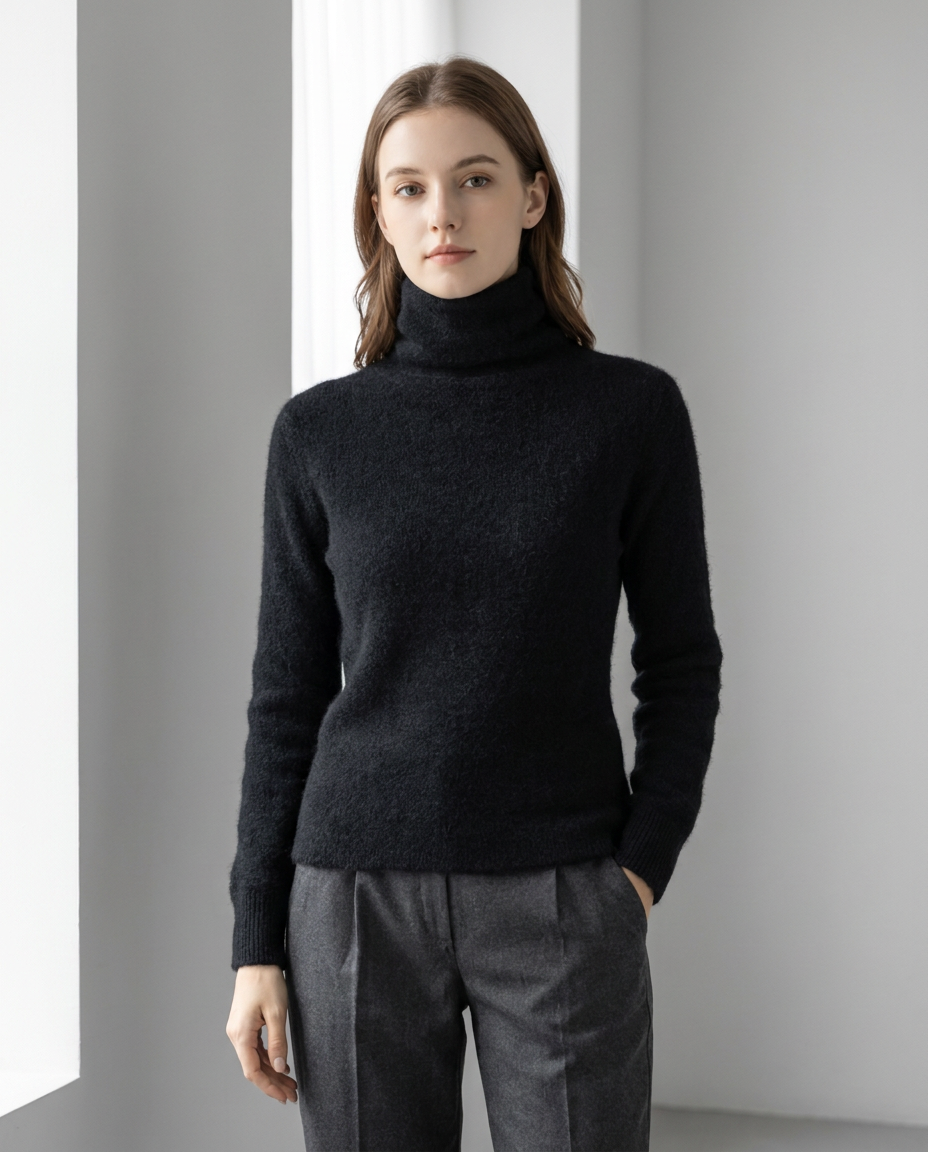 Soft Fluffy Turtleneck Sweater with Ribbed Cuffs in Black