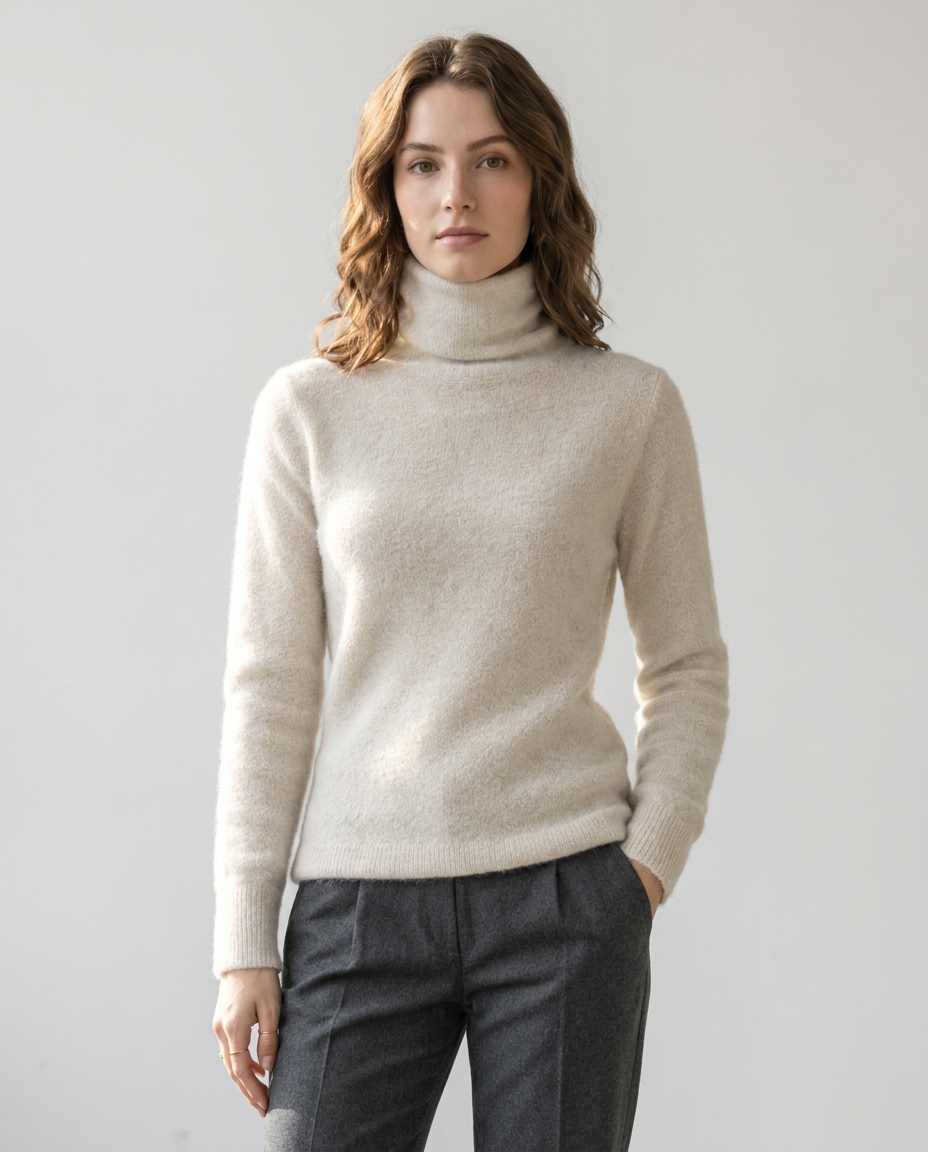 Soft Fluffy Turtleneck Sweater with Ribbed Cuffs in Beige