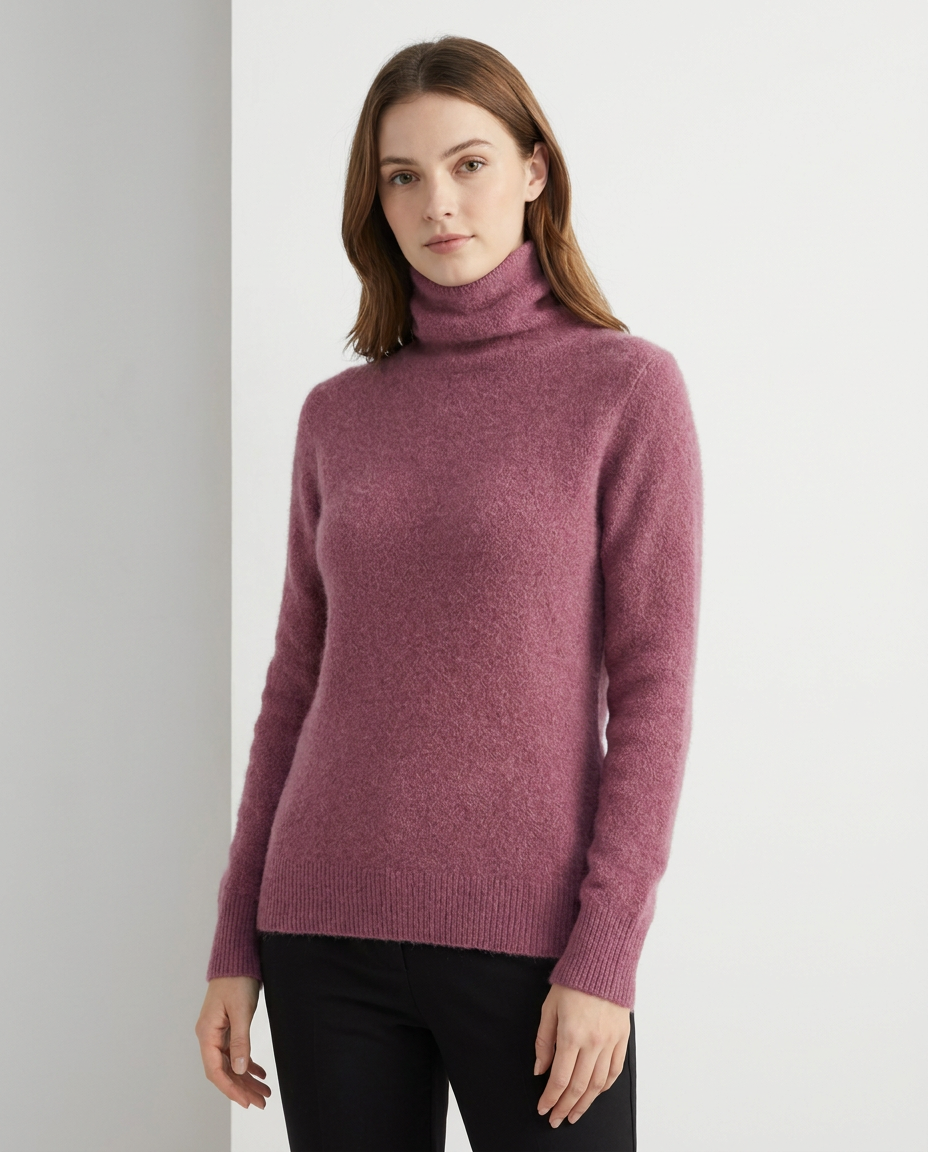 Soft Fluffy Turtleneck Sweater with Ribbed Cuffs in Purple