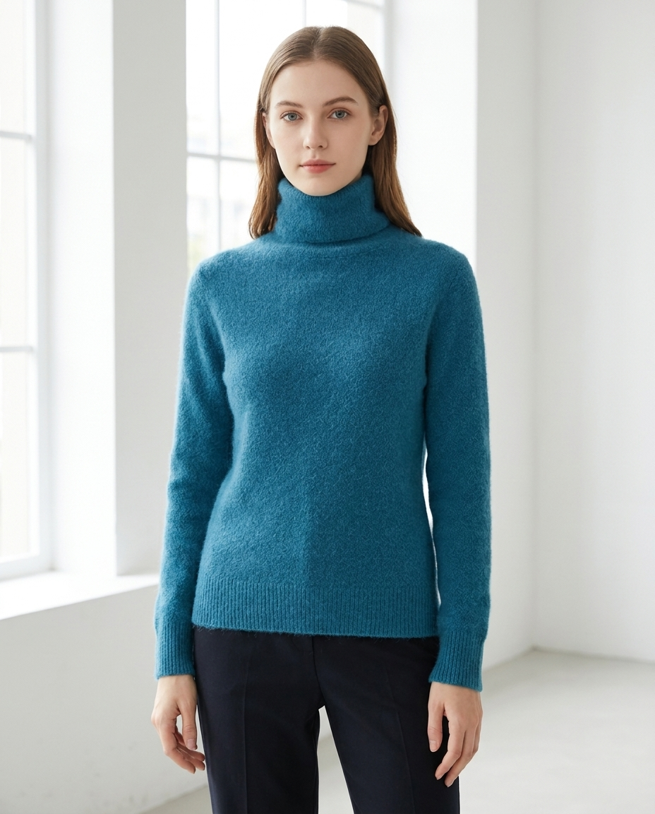 Soft Fluffy Turtleneck Sweater with Ribbed Cuffs in Blue