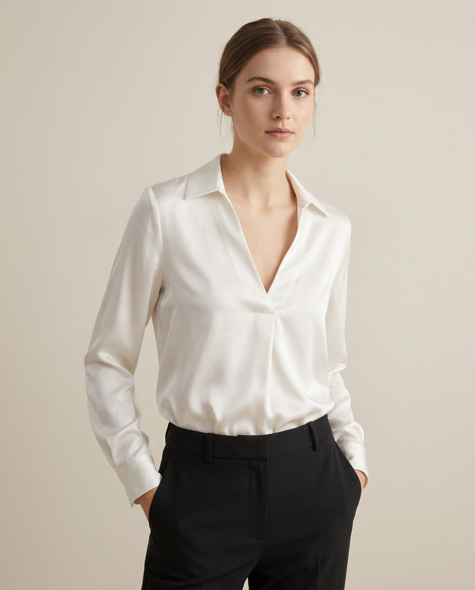 Satin Blouse with Deep V-Neckline and Collar in White