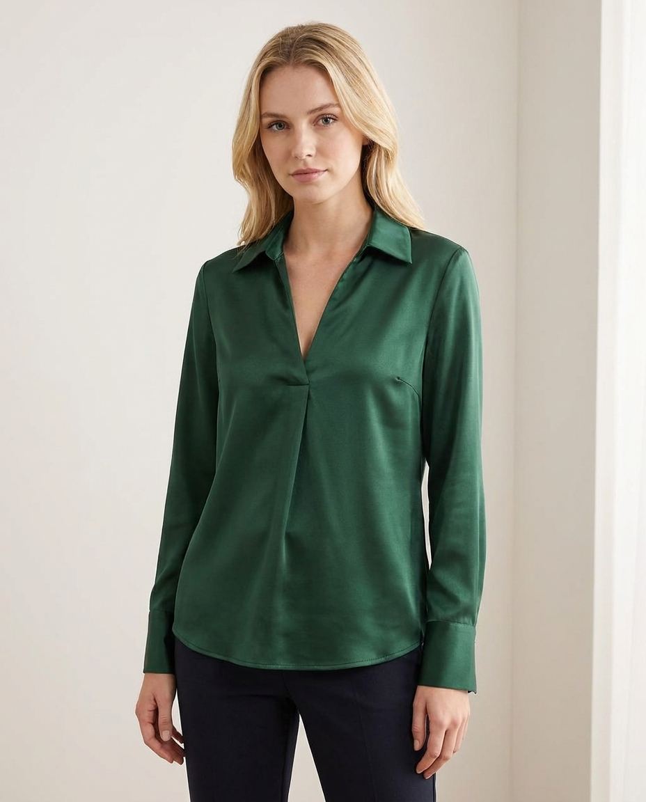 Satin Blouse with Deep V-Neckline and Collar in Dark Green