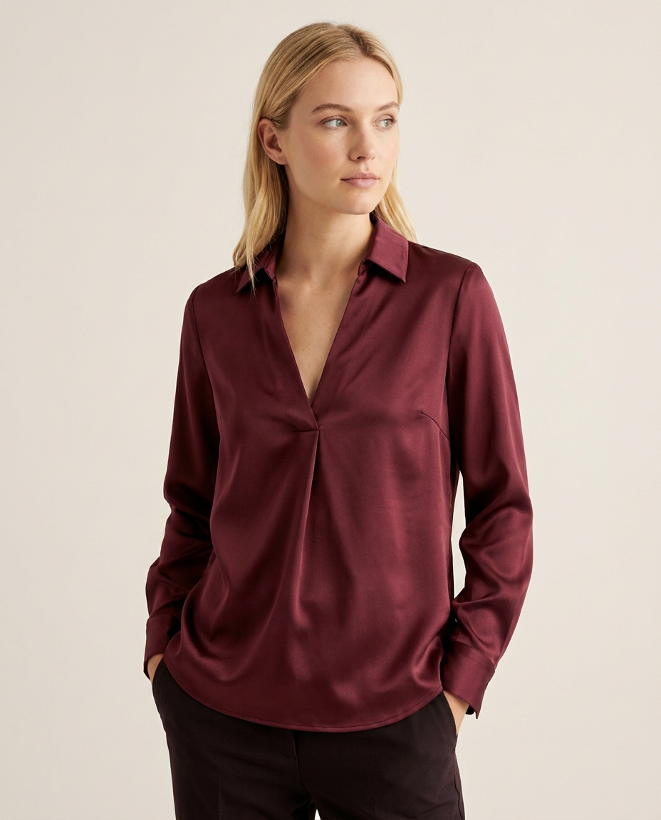 Satin Blouse with Deep V-Neckline and Collar in Burgundy