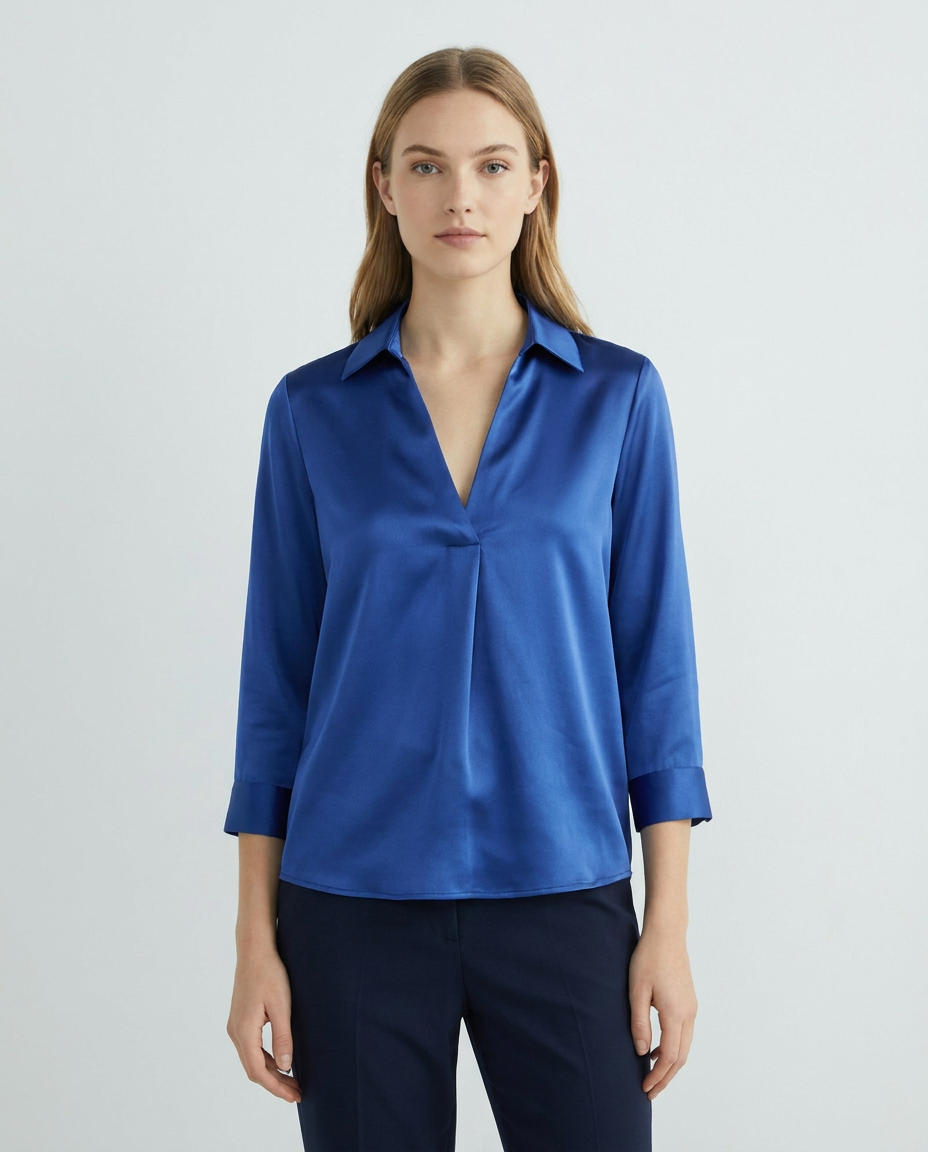 Satin Blouse with Deep V-Neckline and Collar in Royal Blue