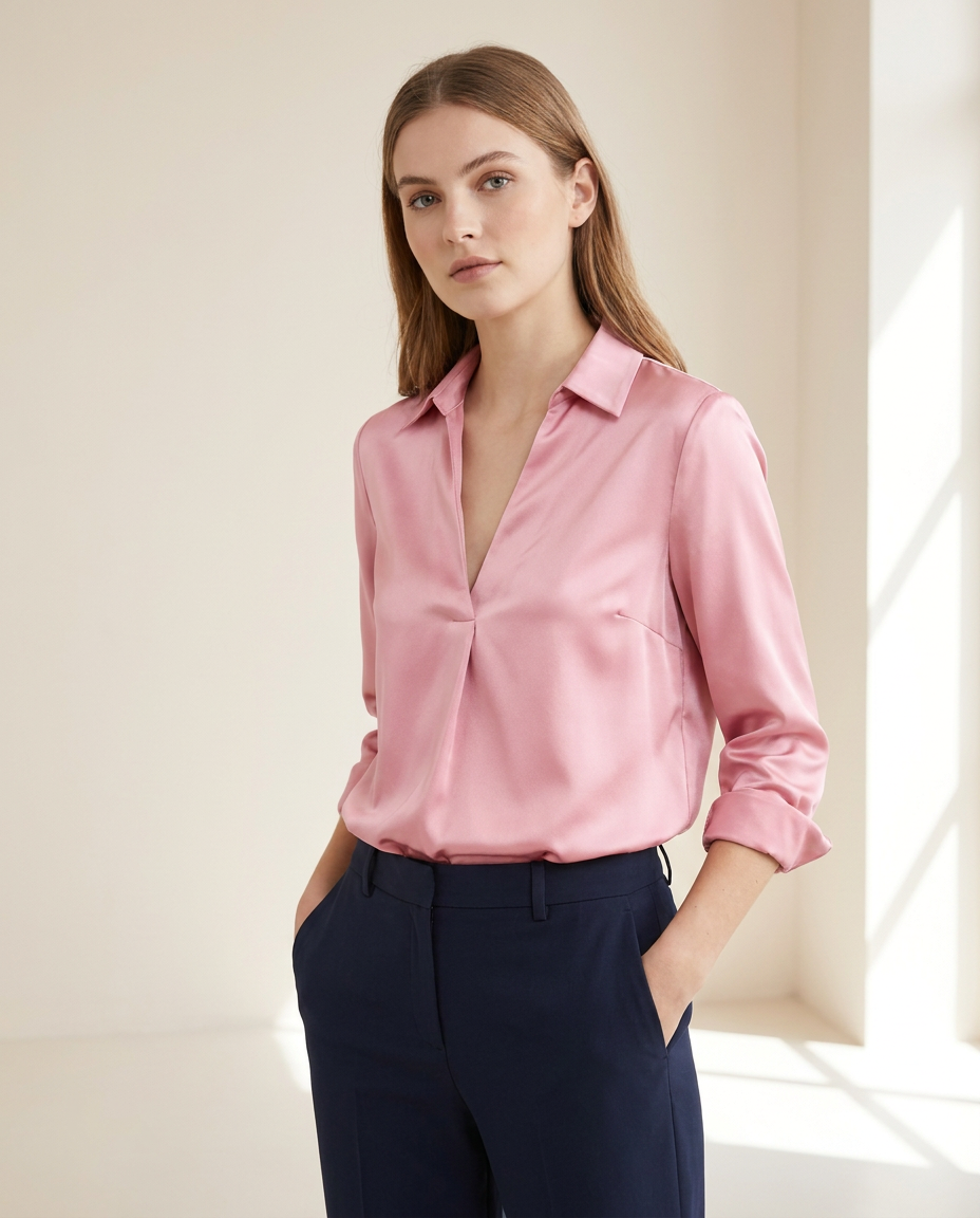 Satin Blouse with Deep V-Neckline and Collar in Pink