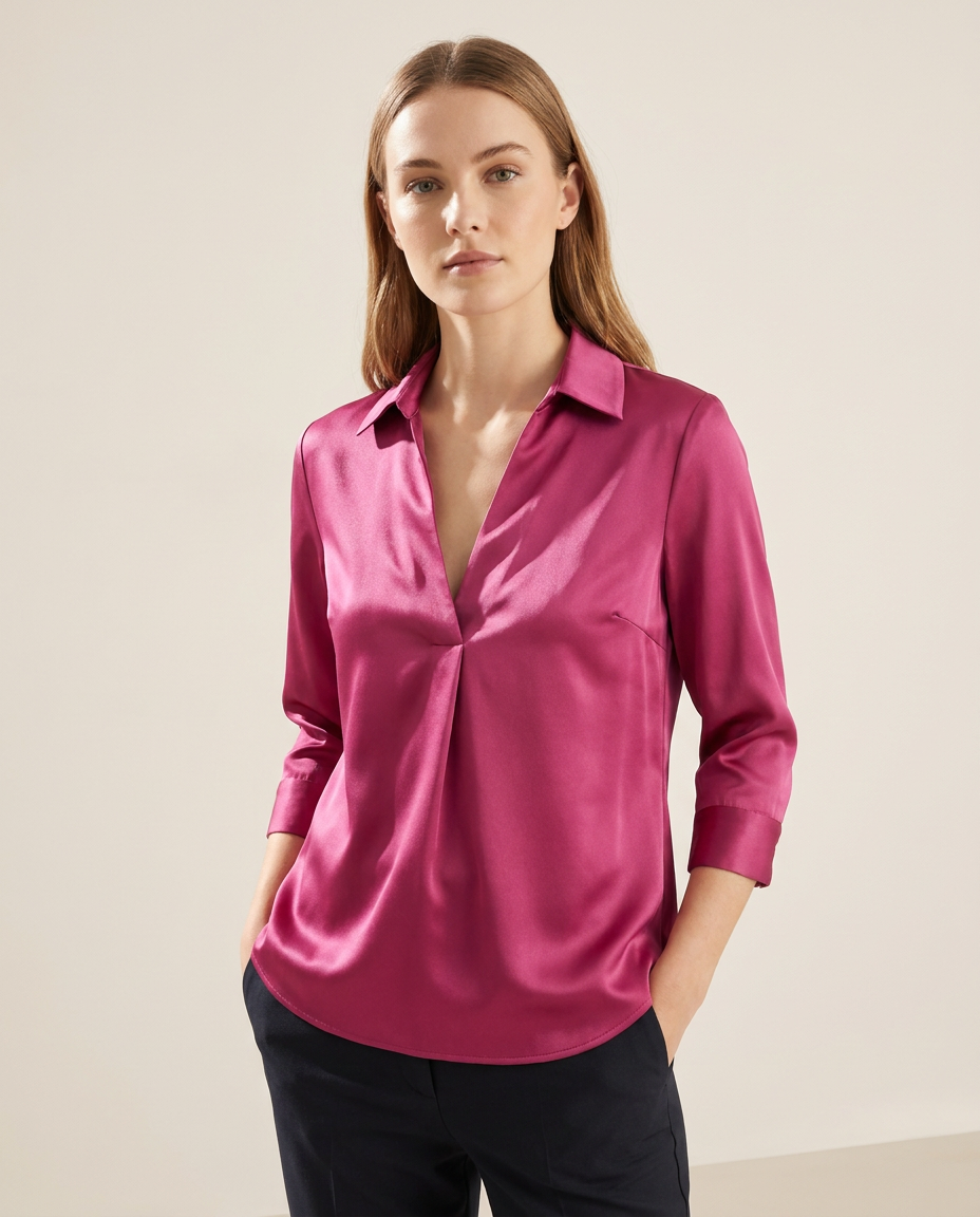 Satin Blouse with Deep V-Neckline and Collar in Fuchsia