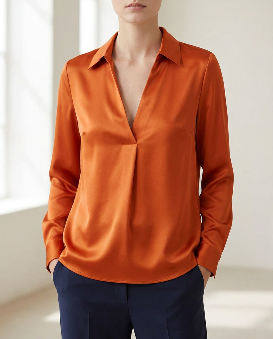 Satin Blouse with Deep V-Neckline and Collar in Orange
