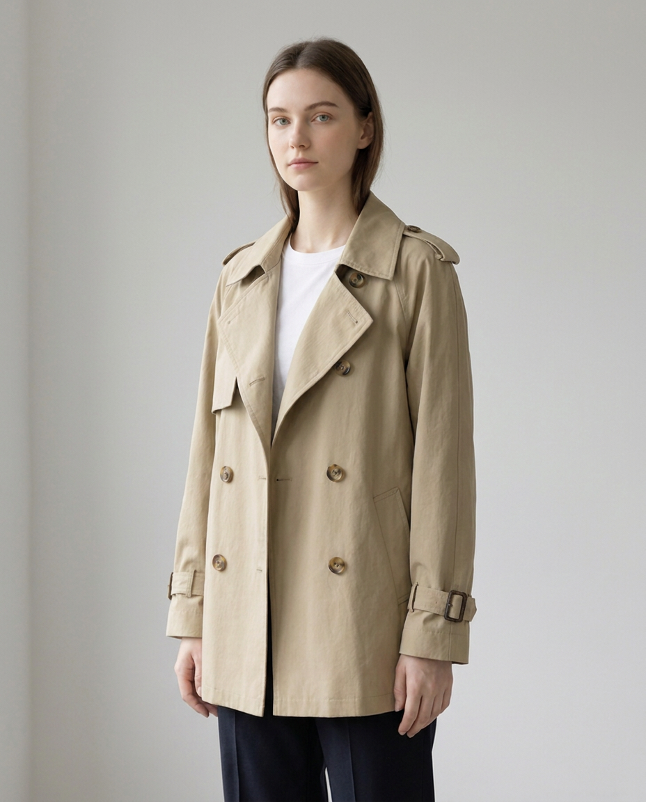 Double-Breasted Trench Coat with Wide Lapels and Buckled Cuffs - three-quarter view