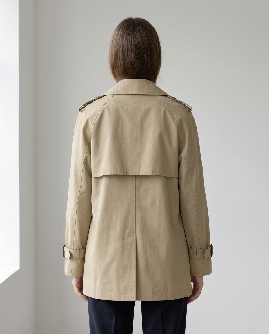 Double-Breasted Trench Coat with Wide Lapels and Buckled Cuffs - back view