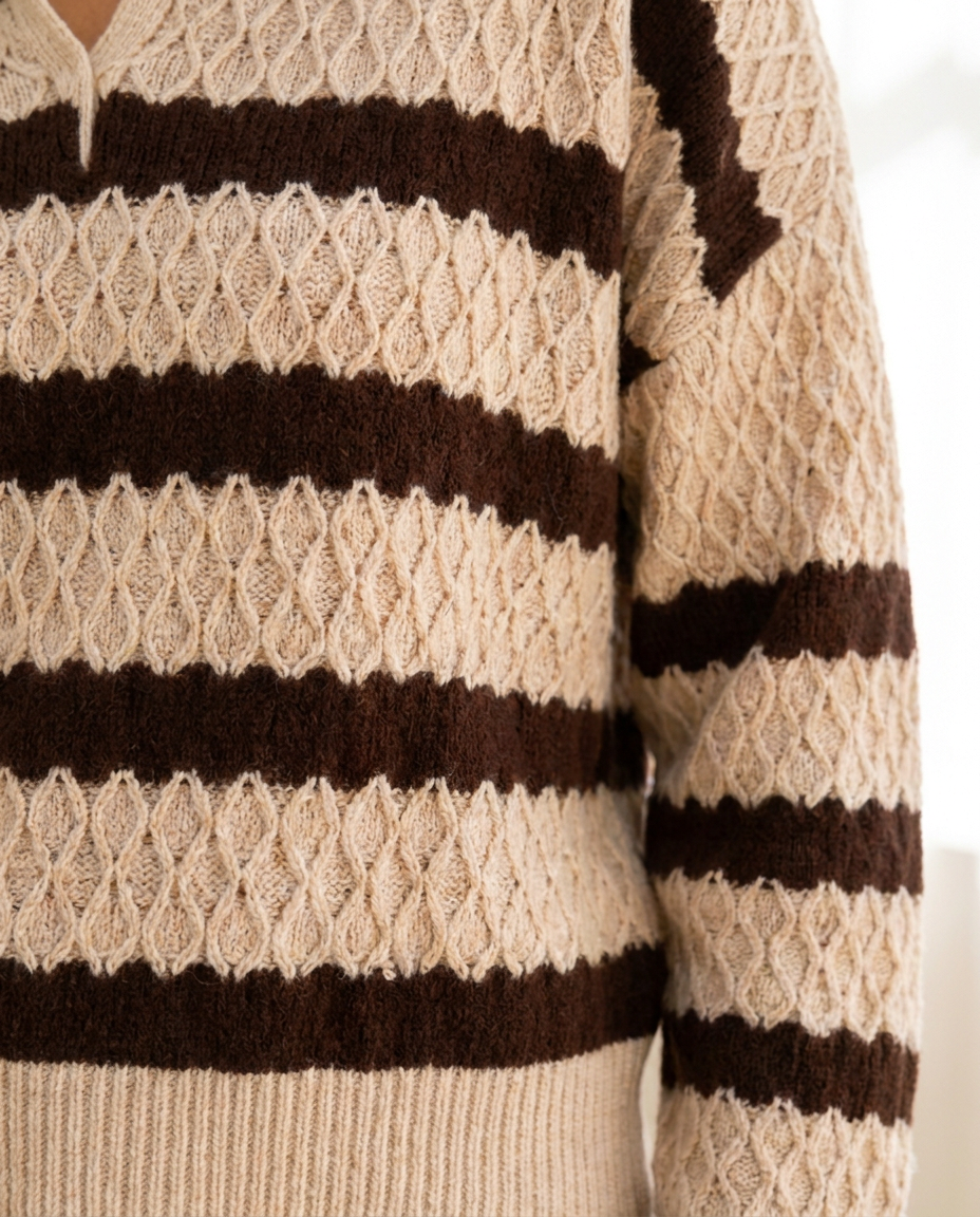 Striped Open Collar Sweater with Diamond Knit Texture - close-up of the fabric and detail