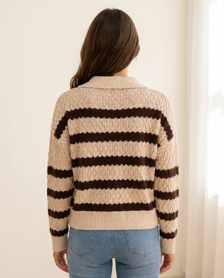 Striped Open Collar Sweater with Diamond Knit Texture - back view