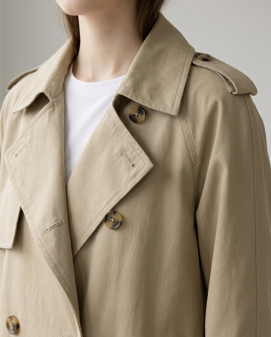 Double-Breasted Trench Coat with Wide Lapels and Buckled Cuffs - close-up of the fabric and detail