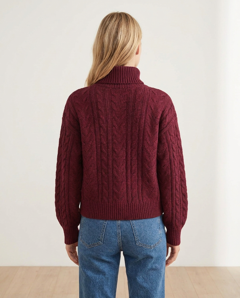 Chunky Cable Knit Turtleneck Sweater with Puff Sleeves - back view