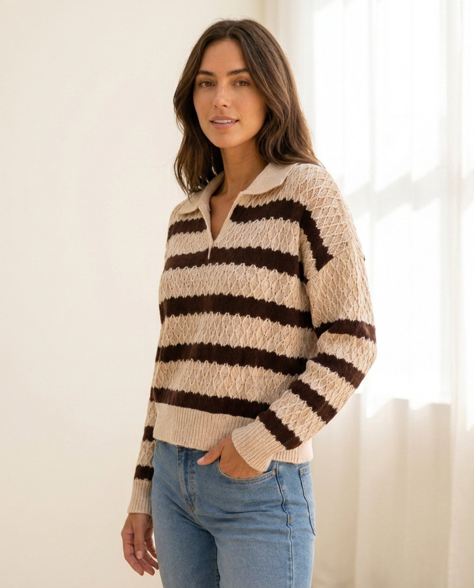 Striped Open Collar Sweater with Diamond Knit Texture - three-quarter view