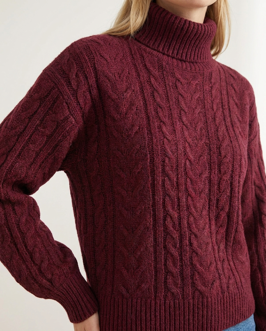 Chunky Cable Knit Turtleneck Sweater with Puff Sleeves - close-up of the fabric and detail
