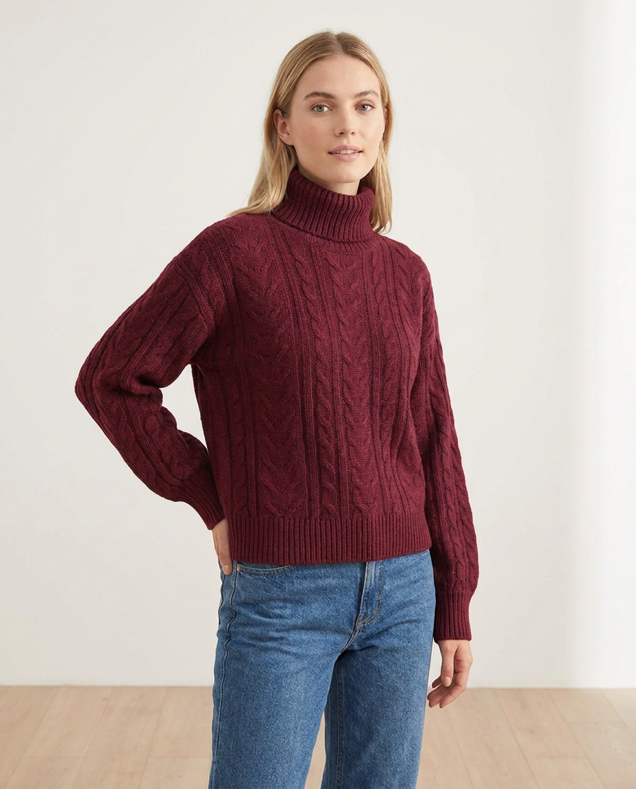 Chunky Cable Knit Turtleneck Sweater with Puff Sleeves - three-quarter view