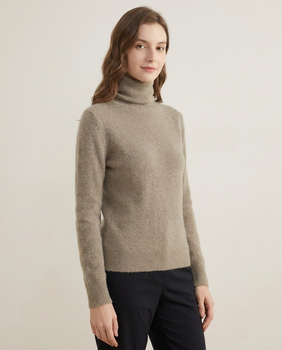 Soft Fluffy Turtleneck Sweater with Ribbed Cuffs - three-quarter view
