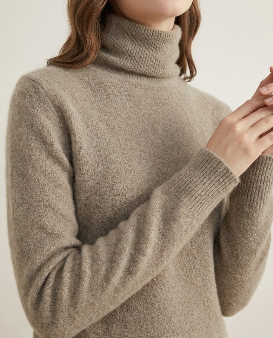 Soft Fluffy Turtleneck Sweater with Ribbed Cuffs - close-up of the fabric and detail
