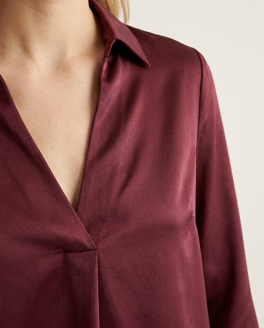 Satin Blouse with Deep V-Neckline and Collar - close-up of the fabric and detail