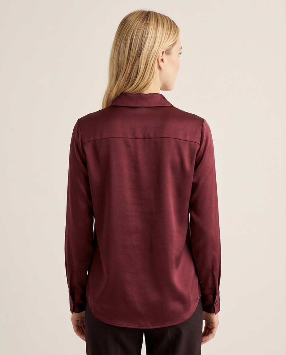 Satin Blouse with Deep V-Neckline and Collar - back view