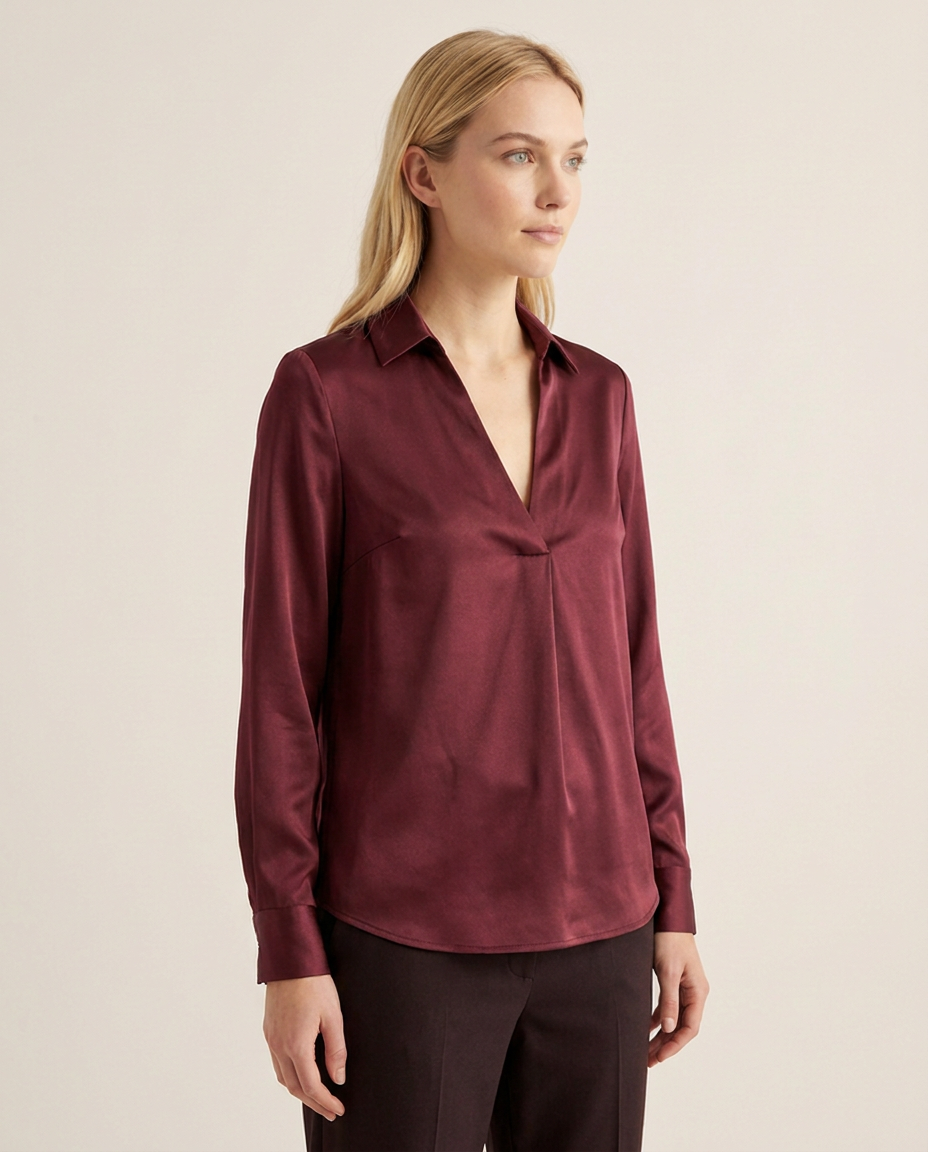 Satin Blouse with Deep V-Neckline and Collar - three-quarter view