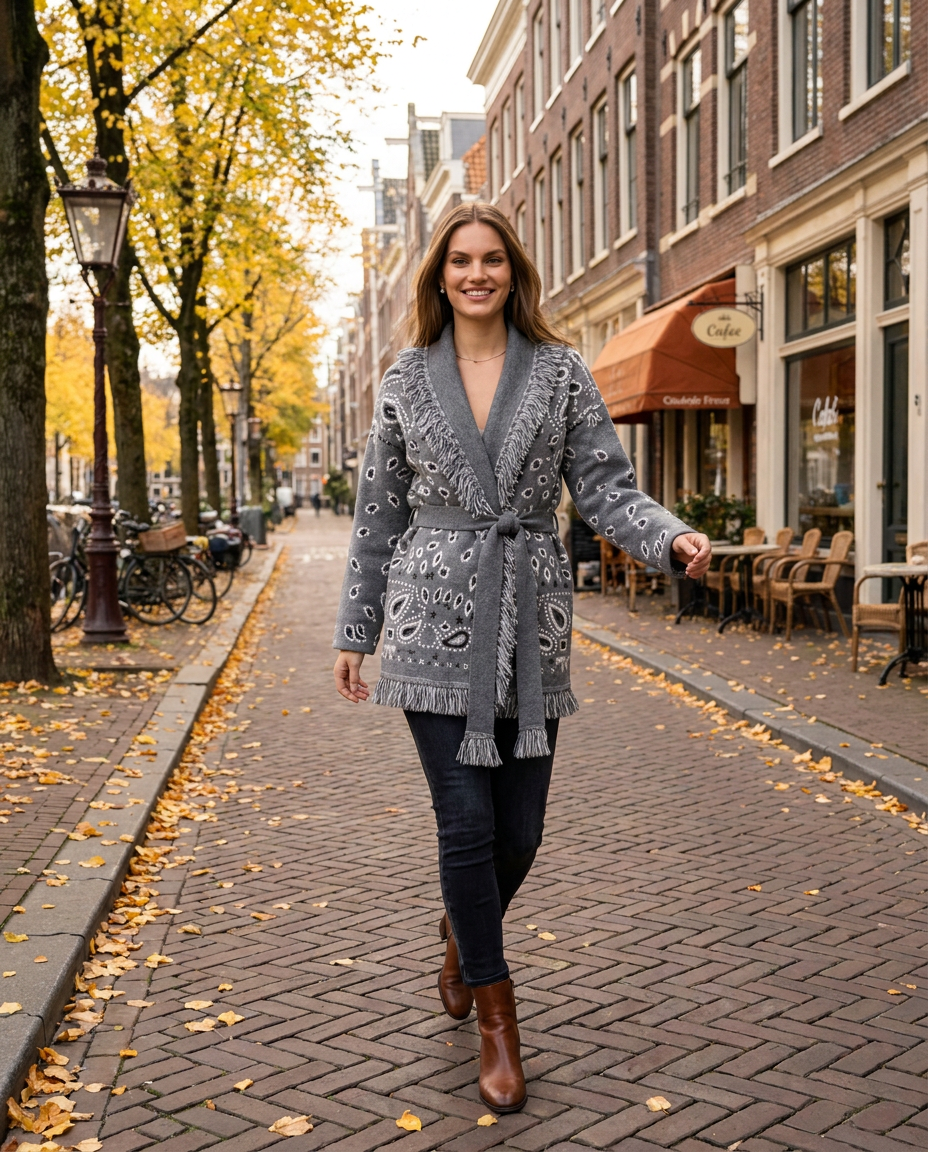 Tassel-Trim V-Neck Cardigan - styled outfit outdoors