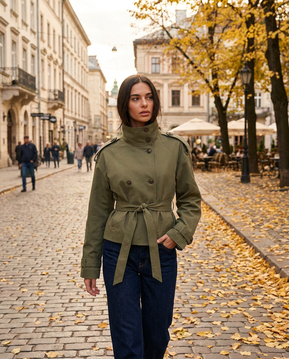 Cropped Lace-Up Trench Jacket - styled outfit outdoors