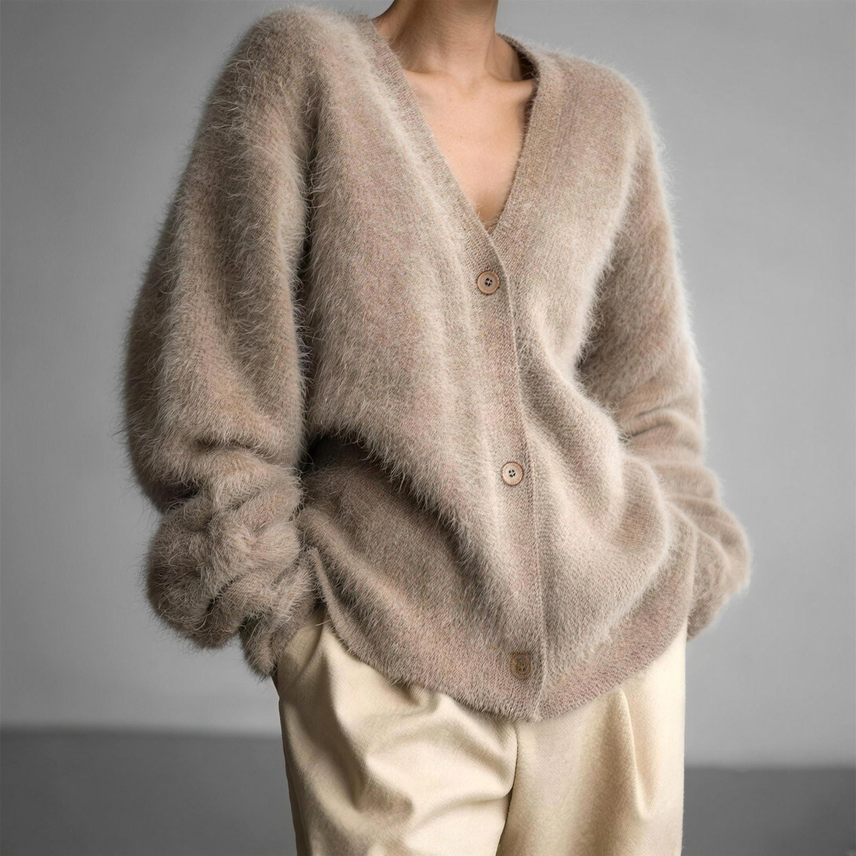 fluffy v-neck button women's oversized knit cardigan - brown - image 1