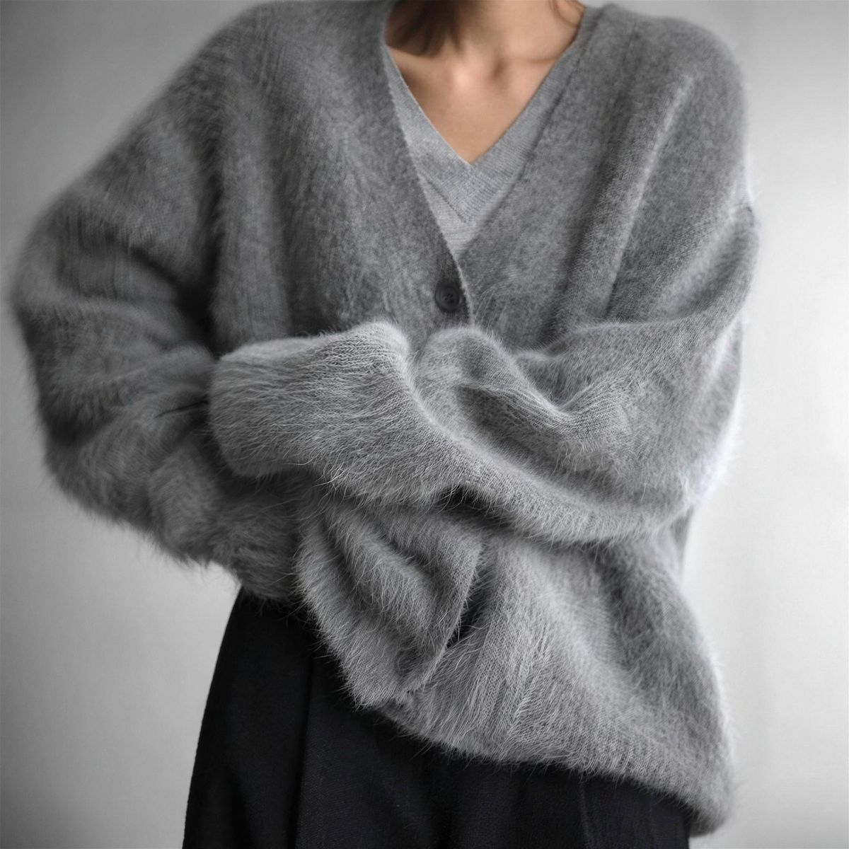 fluffy v-neck button women's oversized knit cardigan - dark grey - image 4