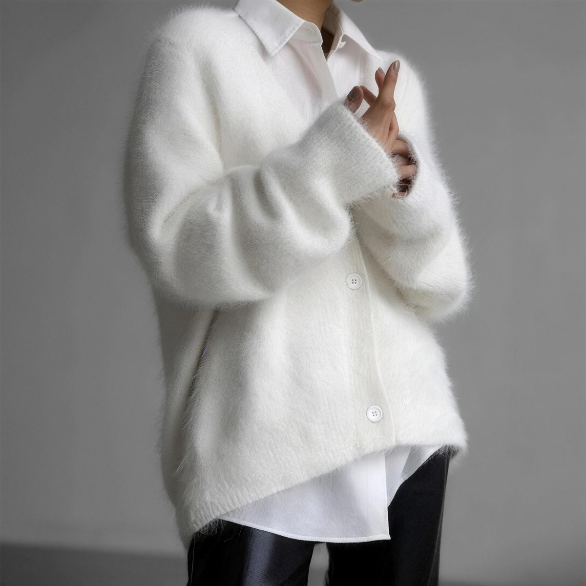 fluffy v-neck button women's oversized knit cardigan - white - image 3