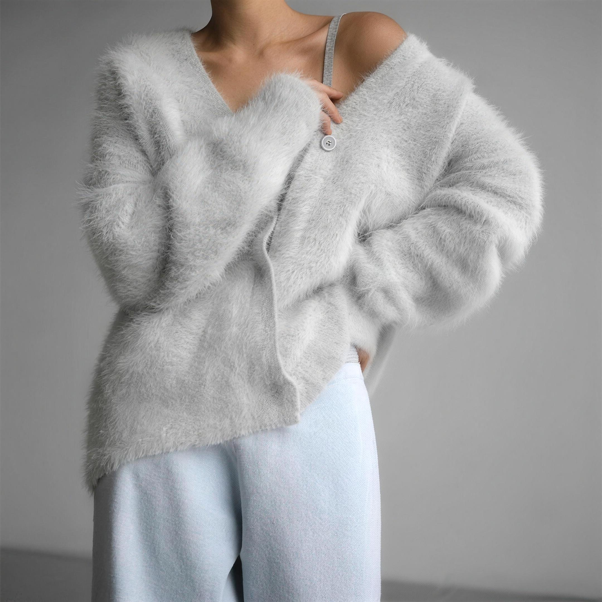 fluffy v-neck button women's oversized knit cardigan - grey - image 2