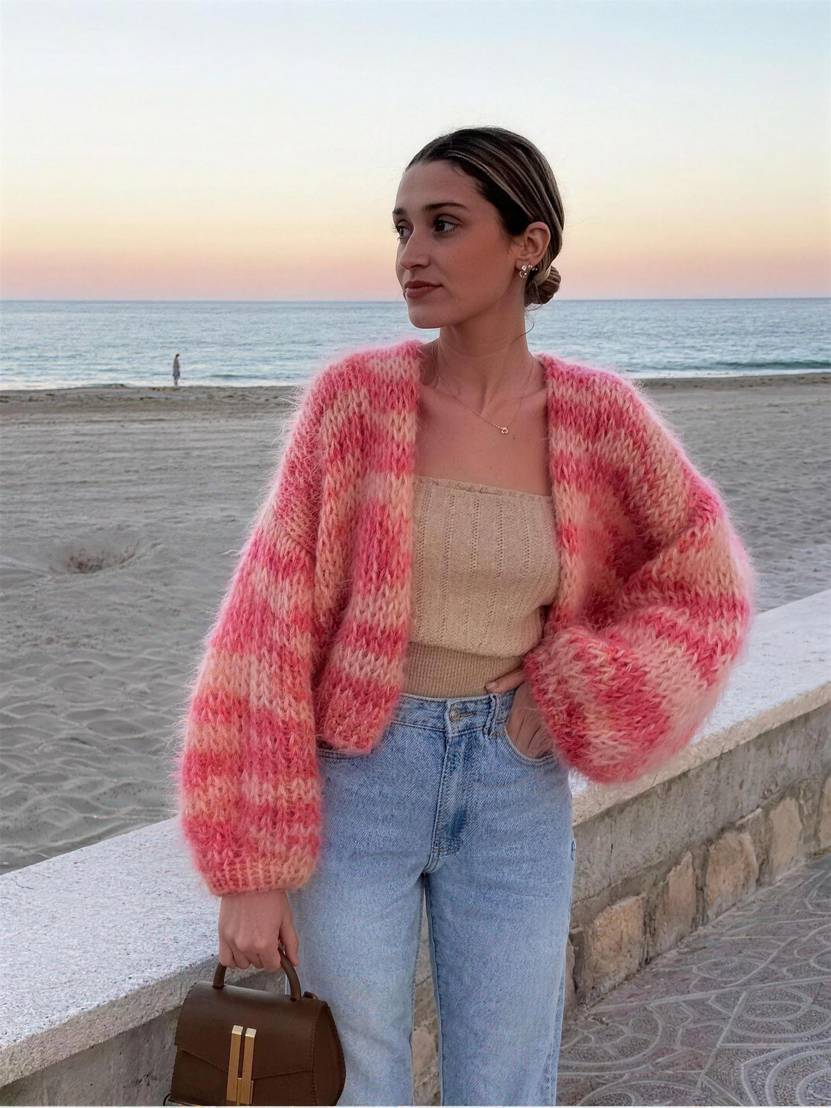 open front textured women's lightweight draped knit cardigan - rose pink - image 3