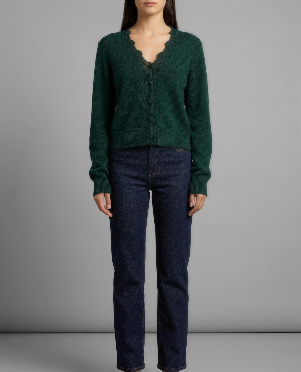 cropped pointelle women's lace trim v-neck knit cardigan - dark green - image 1