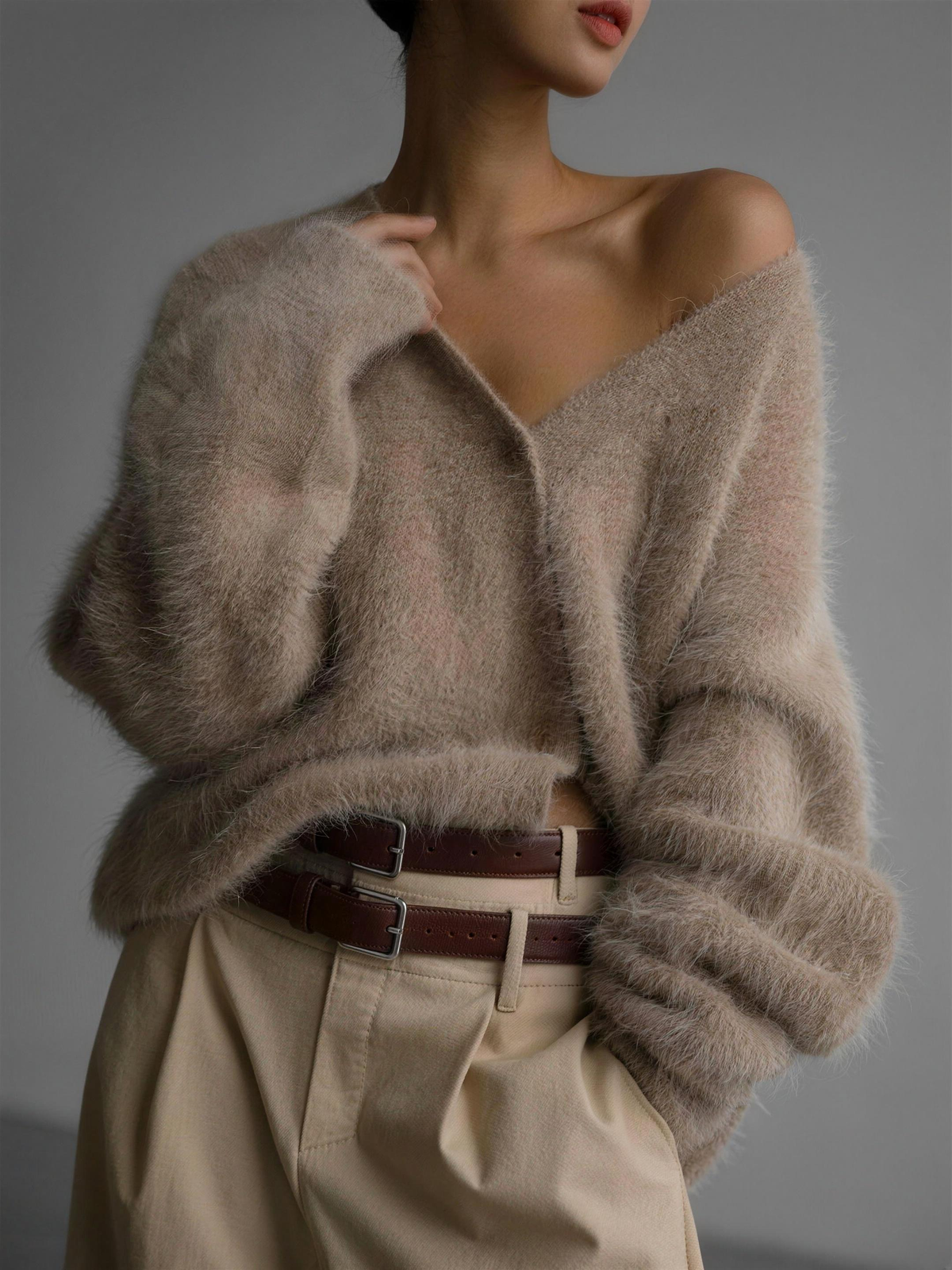 oversized button-up women's relaxed fit knit cardigan - khaki - image 1