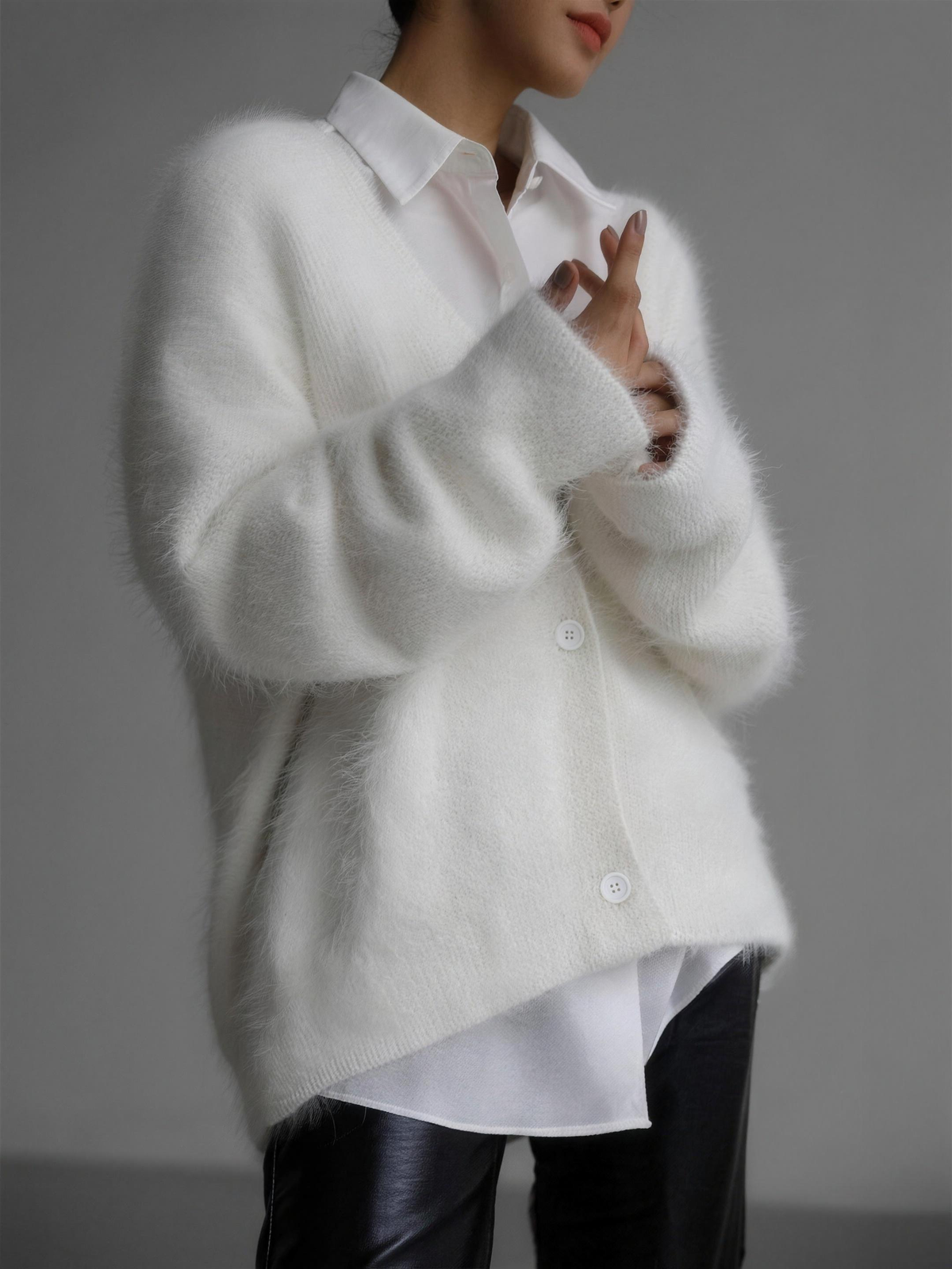 oversized button-up women's relaxed fit knit cardigan - white - image 3