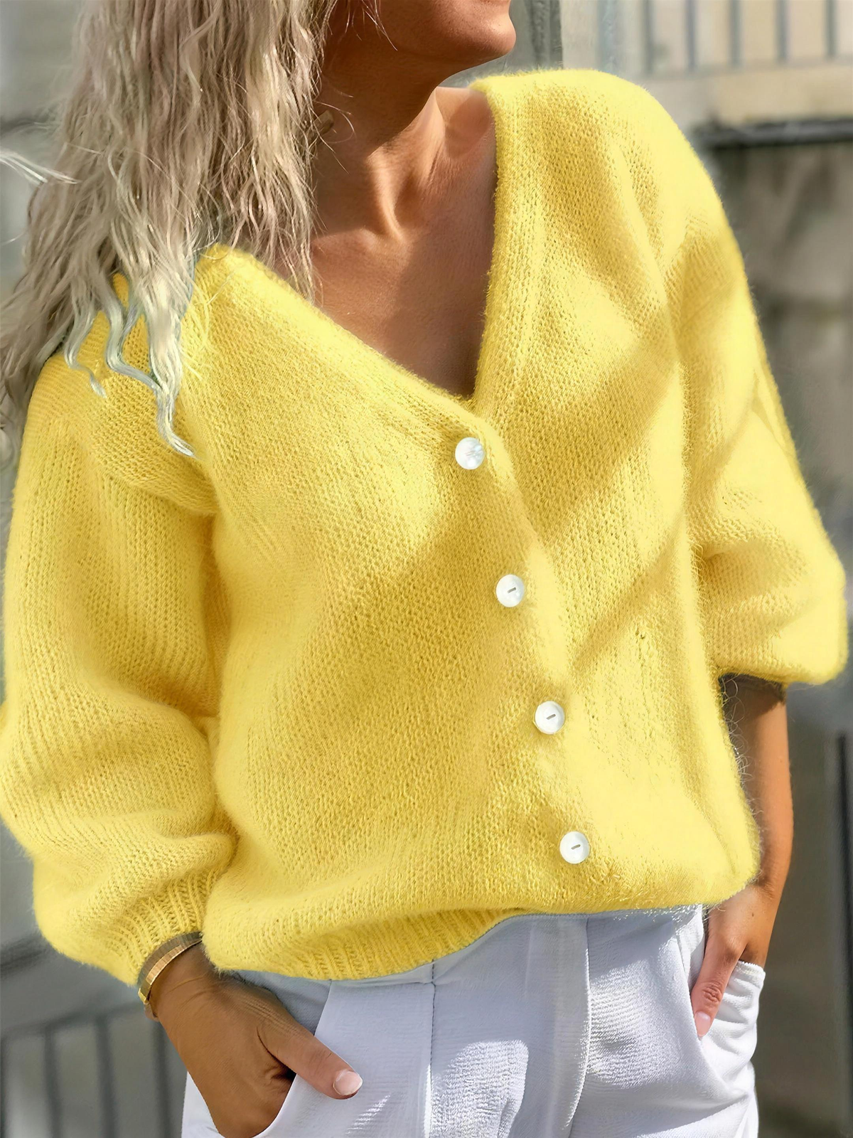 lightweight v-neck women's soft button front cardigan - yellow - image 5