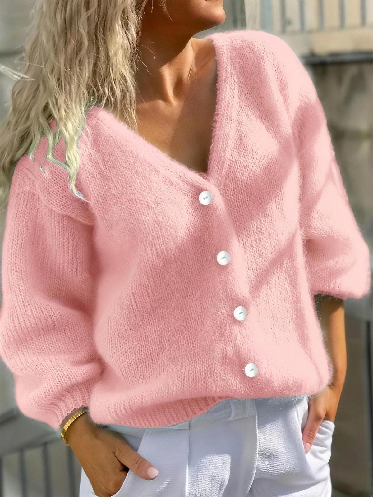 lightweight v-neck women's soft button front cardigan - pink - image 3
