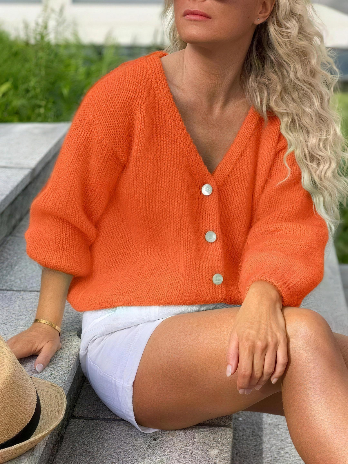 lightweight v-neck women's soft button front cardigan - orange - image 4