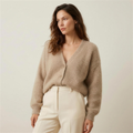soft fluffy v-neck women's button front knit cardigan - beige - image 1