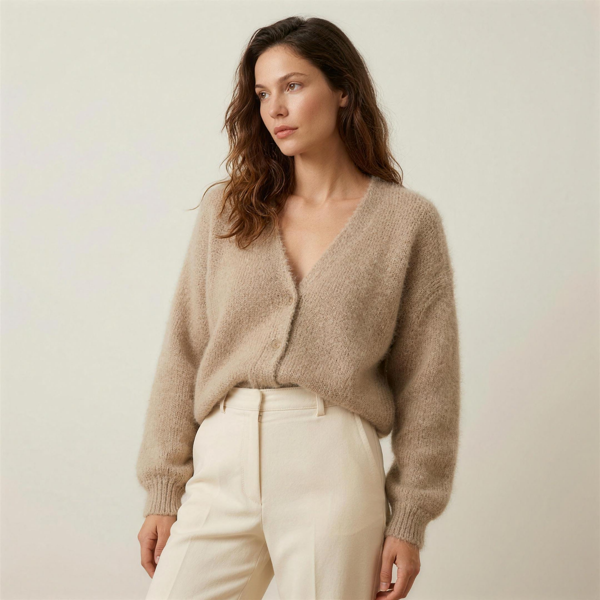 soft fluffy v-neck women's button front knit cardigan - beige - image 1