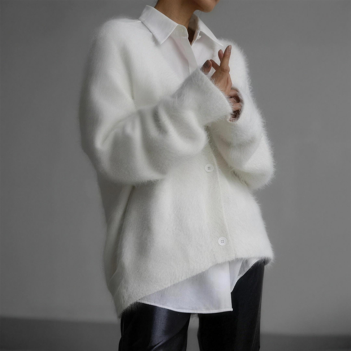 soft fluffy v-neck women's button front knit cardigan - white - image 2