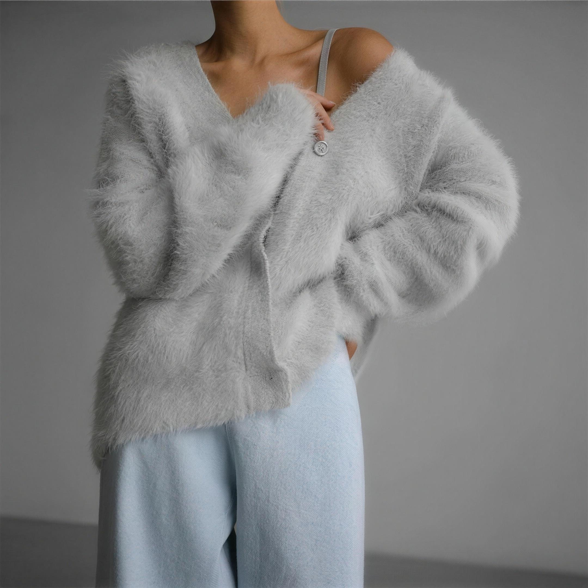 soft fluffy v-neck women's button front knit cardigan - light grey - image 3